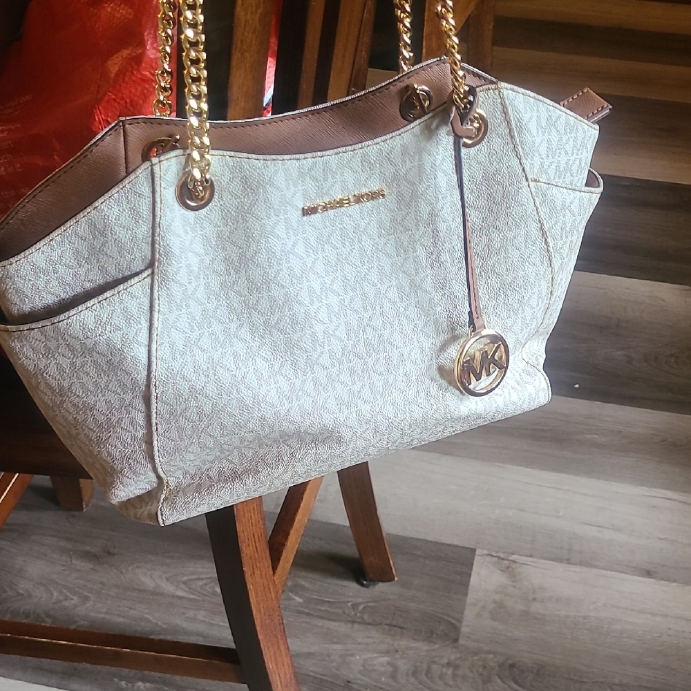 Michael Kors Cream and Brown Tote with Gold Chain